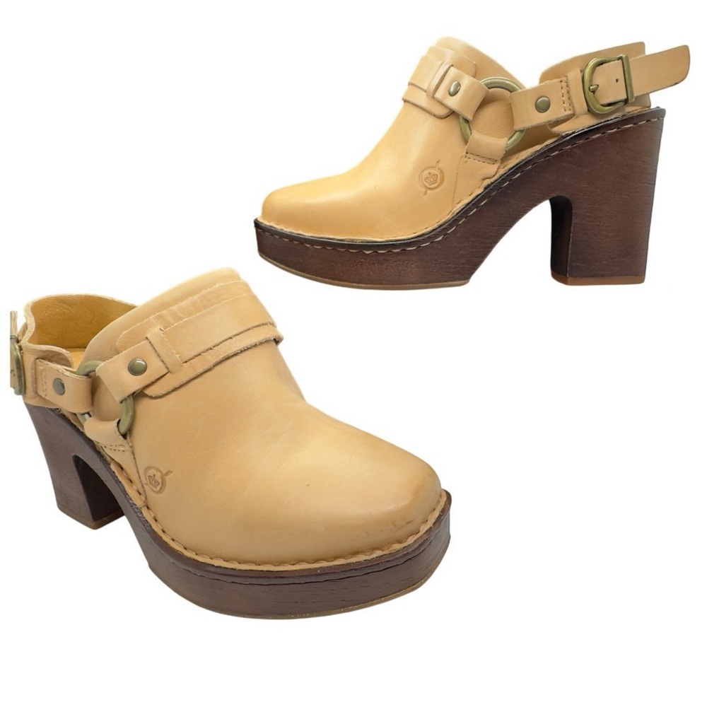 NWOT Born Hudson Leather Sling Platform Clogs In Natural - Picture 2 of 10